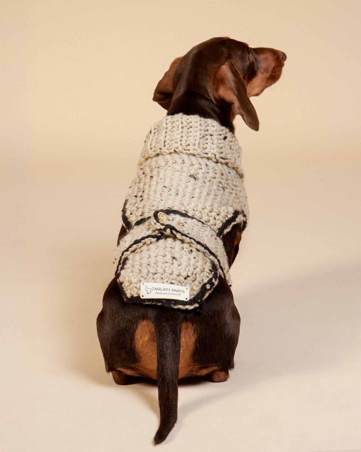 Pull-Poncho Teckel Laine - Vêtement Chien Fait Main Paris - Pull Chien Chaud - Coupe Spéciale Morphologie Allongée - Col Roulé